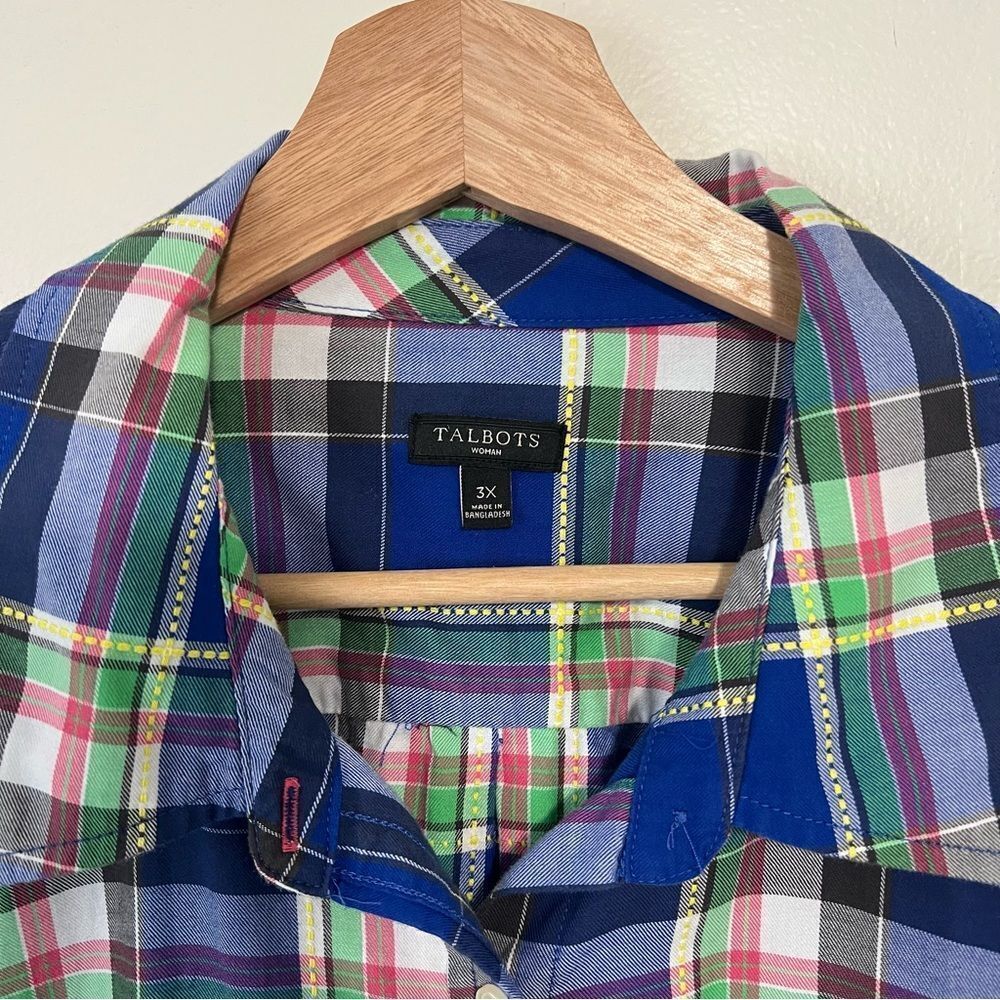 Talbots 100% Cotton Plaid Button Up Shirt Long Sleeve Plus Size 3X Blue Green - Picture 4 of 7
